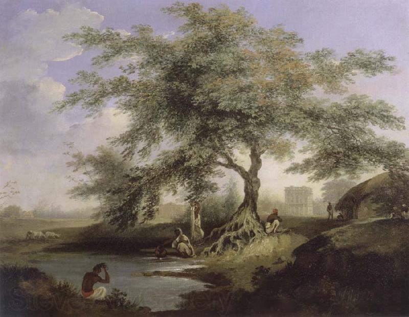 unknow artist Natives Drawing Water form a pond with Warren Hastings-House at Alipur in the Distance